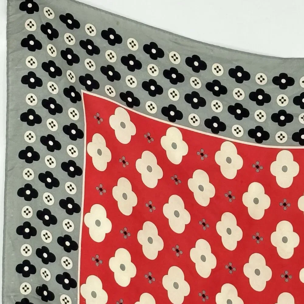 Vintage Red Gray Floral Polka Dot Square Neck Scarf 21x20 Inches